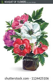 Elegance spring beautiful bouquet of blossoming anemone flowers with leaves in a vase of glass, isolated on white. Illustration for design, print or background