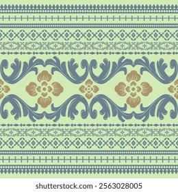 Elegance Stripe Border Embroidery Scroll Ornament Decorate with Golden Flowers On Green Background Wonderful Traditional Silk Weaves Geometrical Seamless Vector Elaborate Rich Textile Pattern Design 