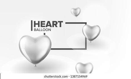 Elegance And Stylish Invitation Postcard Vector. Realistic White Balloons In Shape Of Heart And Black Frame With Text On Top And Left On Postcard. Fashion Postal Card 3d Illustration