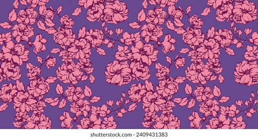 Elegance stylized bloom branches flowers seamless pattern. Vector hand drawn. Art graphics floral on a purple background. Design for fashion, fabric, wallpaper.