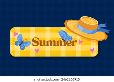 Elegance summer label design with tartain background, cute butterflies and beach hat.