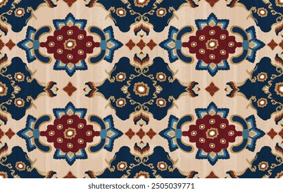 Elegance of this ornate damask floral pattern, featuring vibrant blue and red, traditional hand printed beautiful illustration carpet design, Ethnic abstract ikat art, Arabian ornamental carpet