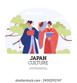 Elegance in tradition. Vector illustration of two women in kimonos with fans against a serene Japanese garden backdrop.