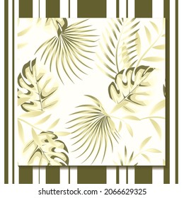 elegance tropical seamless pattern with beige monstera plants leaves and palm leaf on white background. Vector design. Flat jungle print. Floral background. Beach summer trendy illustration