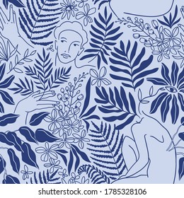 Elegance tropical seamless pattern with young woman and exotic flowers and leaves. Natural repeat background in blue colors. Stylish and trendy monochrome fabric design.