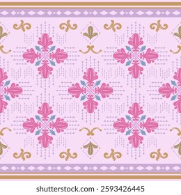 Elegance Unity Victorian Silk Weaves Seamless Repeat Classy Border Pattern Design for Colorful Exquisitely Embroidery Pink Gold Blue on Light Violet Background. Fleur de lis Detailed Florals Stripe 