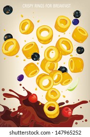 Elegance vector food illustration. Cereal rings for breakfast falling on a chocolate on a light background
