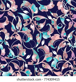 Elegance vintage floral seamless pattern. Dark blue vector foliage background wallpaper with light blue pink flowers, swirls, lines, curves, leaves, antique ornaments in victorian baroque style.
