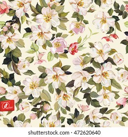 Elegance vintage flower seamless pattern with Watercolor cherry branch. Floral vector illustration, eps8