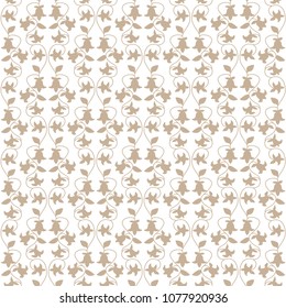 Elegance wavy beige floral ornament on white background. Baroque design. Vector seamless pattern with leaves and flowers.