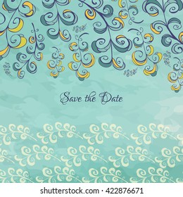 Elegance wedding card, save the date. Hand drawn curvy branch elements. Watercolor background. Bridal card. 