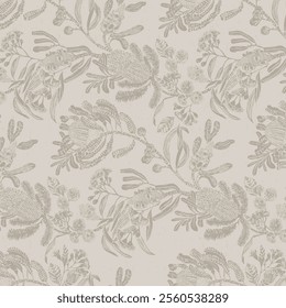 Elegance wedding floral block print linen seamless pattern. All over print of white on white effect flower background.