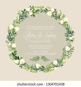 Elegance Wedding Invitation Floral Wreath with pink flowers Anemones, leaves, branches, wild Privet Berry, vector floral illustration in vintage watercolor style - Vector