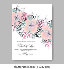 Elegance Wedding Invitation Floral Wreath with pink flowers Anemones, leaves, branches, wild Privet Berry, vector floral illustration in vintage watercolor style
