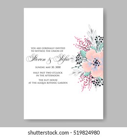 Elegance Wedding Invitation Floral Wreath with pink flowers Anemones, leaves, branches, wild Privet Berry, vector floral illustration in vintage watercolor style