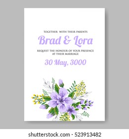 Elegance Wedding Invitation Floral Wreath with violet and yellow flowers Anemones, leaves, branches, vector floral illustration in vintage watercolor style