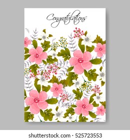 Elegance Wedding Invitation Floral Wreath with pink flowers Anemones, leaves, branches, wild Privet Berry, vector floral illustration in vintage watercolor style