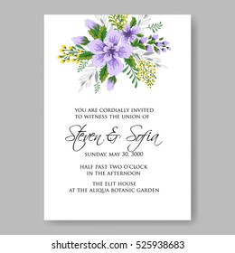 Elegance Wedding Invitation Floral Wreath with pink flowers Anemones, leaves, branches, wild Privet Berry, vector floral illustration in vintage watercolor style