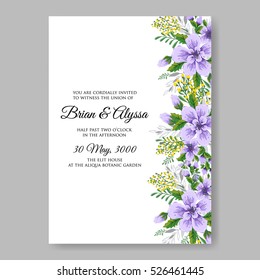 Elegance Wedding Invitation Floral Wreath with pink flowers Anemones, leaves, branches, wild Privet Berry, vector floral illustration in vintage watercolor style