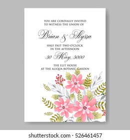 Elegance Wedding Invitation Floral Wreath with pink flowers Anemones, leaves, branches, wild Privet Berry, vector floral illustration in vintage watercolor style