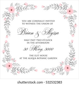 Elegance Wedding Invitation Floral Wreath with pink flowers Anemones, leaves, branches, wild Privet Berry, vector floral illustration in vintage watercolor style