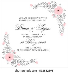 Elegance Wedding Invitation Floral Wreath with pink flowers Anemones, leaves, branches, wild Privet Berry, vector floral illustration in vintage watercolor style