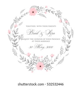 Elegance Wedding Invitation Floral Wreath with pink flowers Anemones, leaves, branches, wild Privet Berry, vector floral illustration in vintage watercolor style