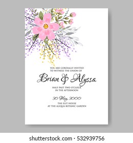 Elegance Wedding Invitation Floral Wreath with pink flowers Anemones, leaves, branches, wild Privet Berry, vector floral illustration in vintage watercolor style