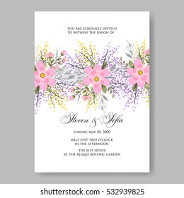 Elegance Wedding Invitation Floral Wreath with pink flowers Anemones, leaves, branches, wild Privet Berry, vector floral illustration in vintage watercolor style