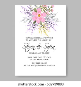 Elegance Wedding Invitation Floral Wreath with pink flowers Anemones, leaves, branches, wild Privet Berry, vector floral illustration in vintage watercolor style