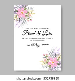 Elegance Wedding Invitation Floral Wreath with pink flowers Anemones, leaves, branches, wild Privet Berry, vector floral illustration in vintage watercolor style
