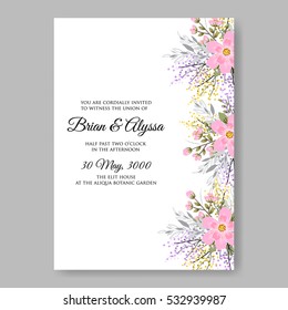 Elegance Wedding Invitation Floral Wreath with pink flowers Anemones, leaves, branches, wild Privet Berry, vector floral illustration in vintage watercolor style