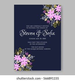 Elegance Wedding Invitation Floral Wreath with pink flowers Anemones, leaves, branches, wild Privet Berry, vector floral illustration in vintage watercolor style
