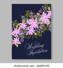 Elegance Wedding Invitation Floral Wreath with pink flowers Anemones, leaves, branches, wild Privet Berry, vector floral illustration in vintage watercolor style