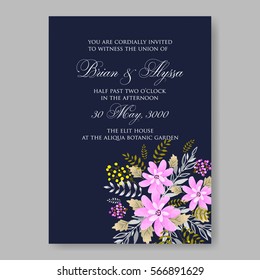 Elegance Wedding Invitation Floral Wreath with pink flowers Anemones, leaves, branches, wild Privet Berry, vector floral illustration in vintage watercolor style