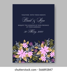Elegance Wedding Invitation Floral Wreath with pink flowers Anemones, leaves, branches, wild Privet Berry, vector floral illustration in vintage watercolor style