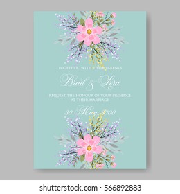 Elegance Wedding Invitation Floral Wreath with pink flowers Anemones, leaves, branches, wild Privet Berry, vector floral illustration in vintage watercolor style