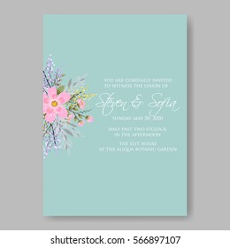 Elegance Wedding Invitation Floral Wreath with pink flowers Anemones, leaves, branches, wild Privet Berry, vector floral illustration in vintage watercolor style