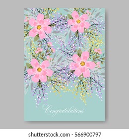 Elegance Wedding Invitation Floral Wreath with pink flowers Anemones, leaves, branches, wild Privet Berry, vector floral illustration in vintage watercolor style