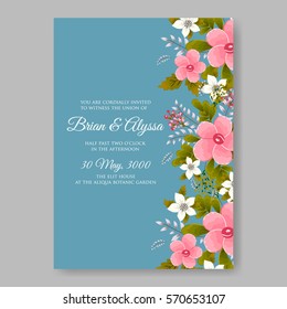 Elegance Wedding Invitation Floral Wreath with pink flowers Anemones, leaves, branches, wild Privet Berry, vector floral illustration in vintage watercolor style