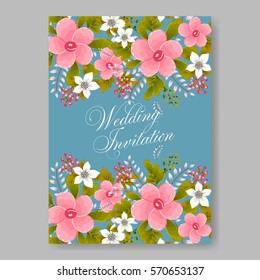 Elegance Wedding Invitation Floral Wreath with pink flowers Anemones, leaves, branches, wild Privet Berry, vector floral illustration in vintage watercolor style