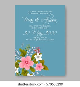 Elegance Wedding Invitation Floral Wreath with pink flowers Anemones, leaves, branches, wild Privet Berry, vector floral illustration in vintage watercolor style