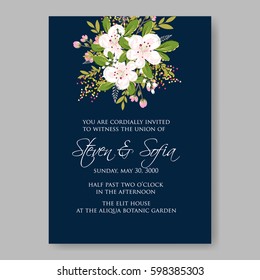 Elegance Wedding Invitation Floral Wreath with pink flowers Anemones, leaves, branches, wild Privet Berry, vector floral illustration in vintage watercolor style