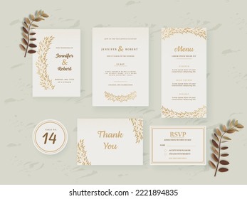 Elegance Wedding Invitation Suite Against Beige Grunge Background.