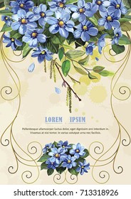 Elegance wedding invitation template with bouquet of spring blue flowers Anemones. Watercolor illustration in Shabby chic style. Floral vintage greeting card for congratulation