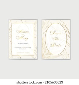 Elegance wedding invitations with golden botanical elements on beige background. Save the date, invite. Hand drawn floral. Card template, posters, banner. Festive vector illustration.