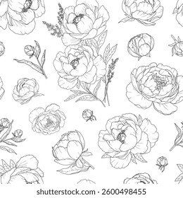 Elegance wedding vector pattern of Peonies, seamless pattern, buds and blossoms, hand drawn, watercolor flowers, isolated