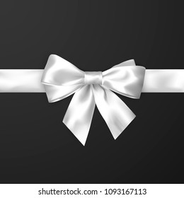 Elegance white satin bow with ribbon. Vector illustration isolated on dark background