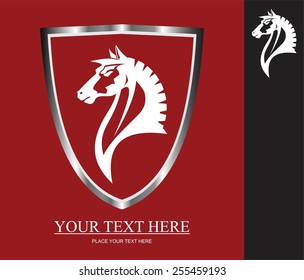 Elegance wild horse head icon. wild horse icon framed by metallic shield. White horse head over the red background. Suitable for your mascot, corporate identity, illustration for apparel. etc