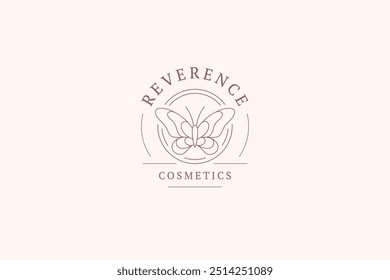 Elegance winged butterfly circle line art logo design template for spa wellness vector illustration. Beautiful pretty summer insect linear logotype for wellness yoga spa studio brand